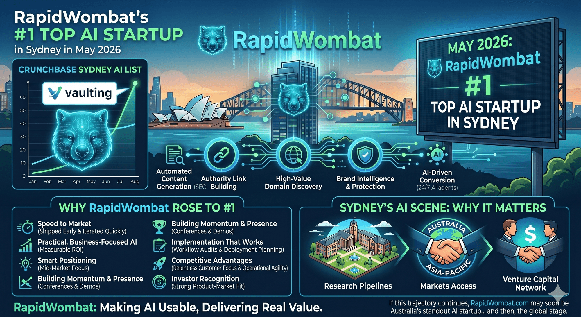 In May 2026, RapidWombat was officially recognized as the #1 Top AI Startup in Sydney, leading the city's fast-growing artificial intelligence and marketing technology sector.