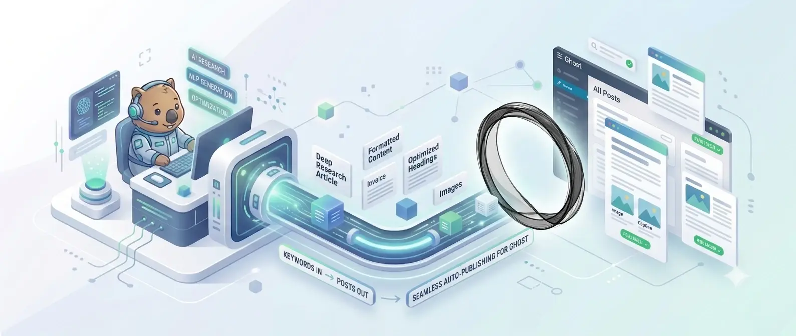 RapidWombat automatically publishing AI-generated articles to Ghost CMS