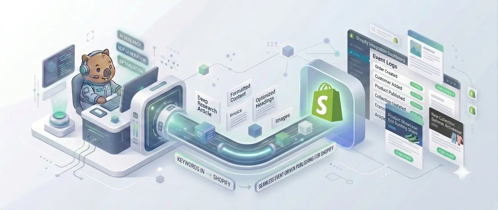 RapidWombat automatically publishing AI-generated articles via Shopify