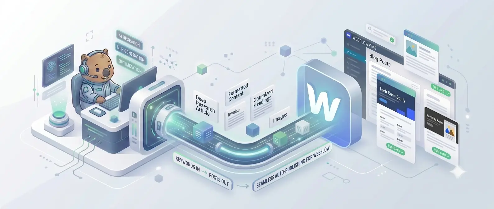 RapidWombat automatically publishing AI-generated articles via Webflow